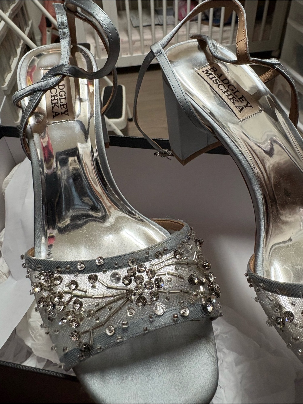 Badgley Mischka Silver Crystal-Embellished Block Heel Sandals